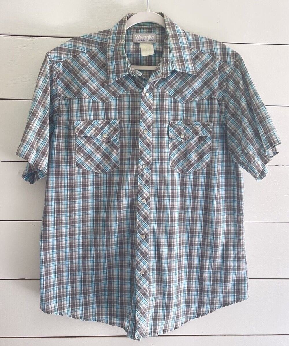 VTG Wrangler Mens Blue/Gray Plaid Pearl Snap Short Sleeve Western Shirt Large